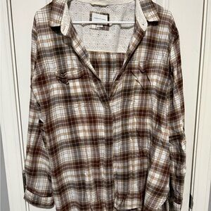 American Eagle Eyelet Top with Brown Plaid Trim - Cream & Brown